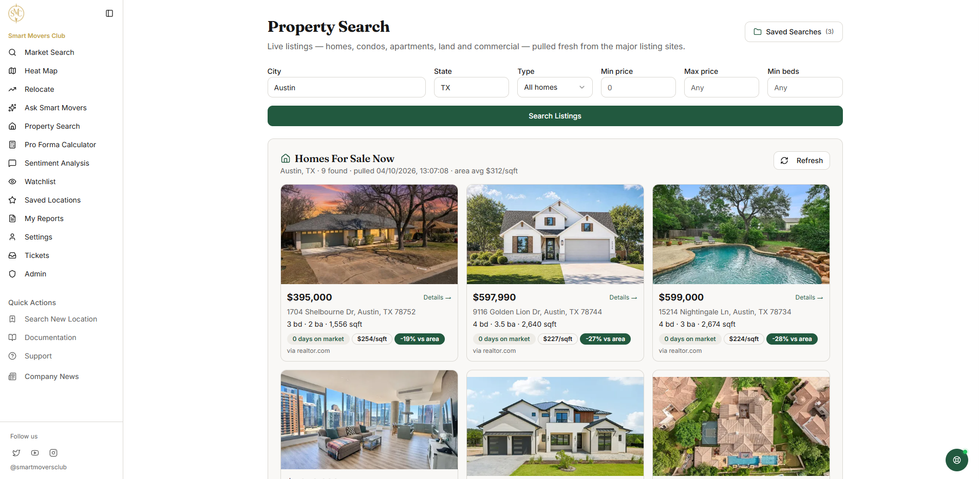 Smart Movers Club property search showing live homes for sale in Austin, Texas with prices and price per square foot