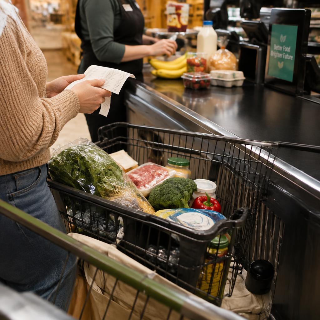 Grocery checkout with a cart of everyday groceries