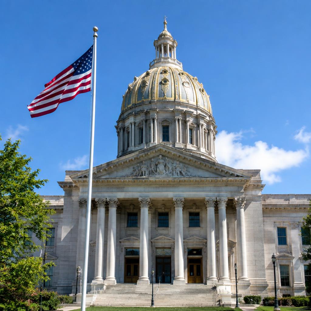 American state capitol building with flag